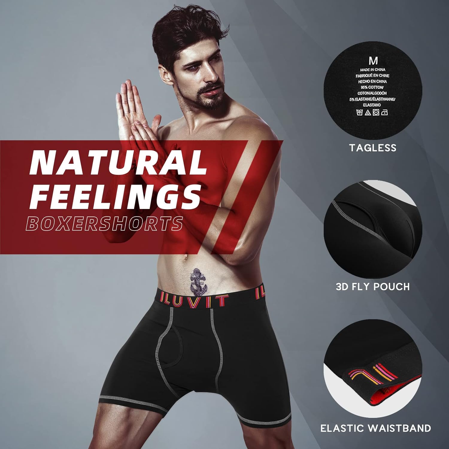 Natural Feelings Boxer Briefs Mens Underwear Men Pack Soft Cotton Open Fly Underwearb7 Black 6131